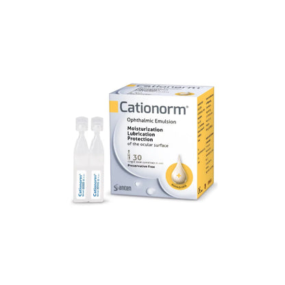 Cationorm ophthalmic emulsion packaging with bottles on a white background