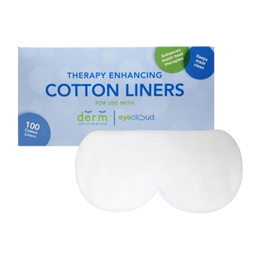 Cotton liners with packaging labeled 'Therapy Enhancing Cotton Liners' for use with 'derm eye relief mask'.