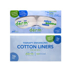 Packaging of derm dry eye relief mask and cotton liners on a white background