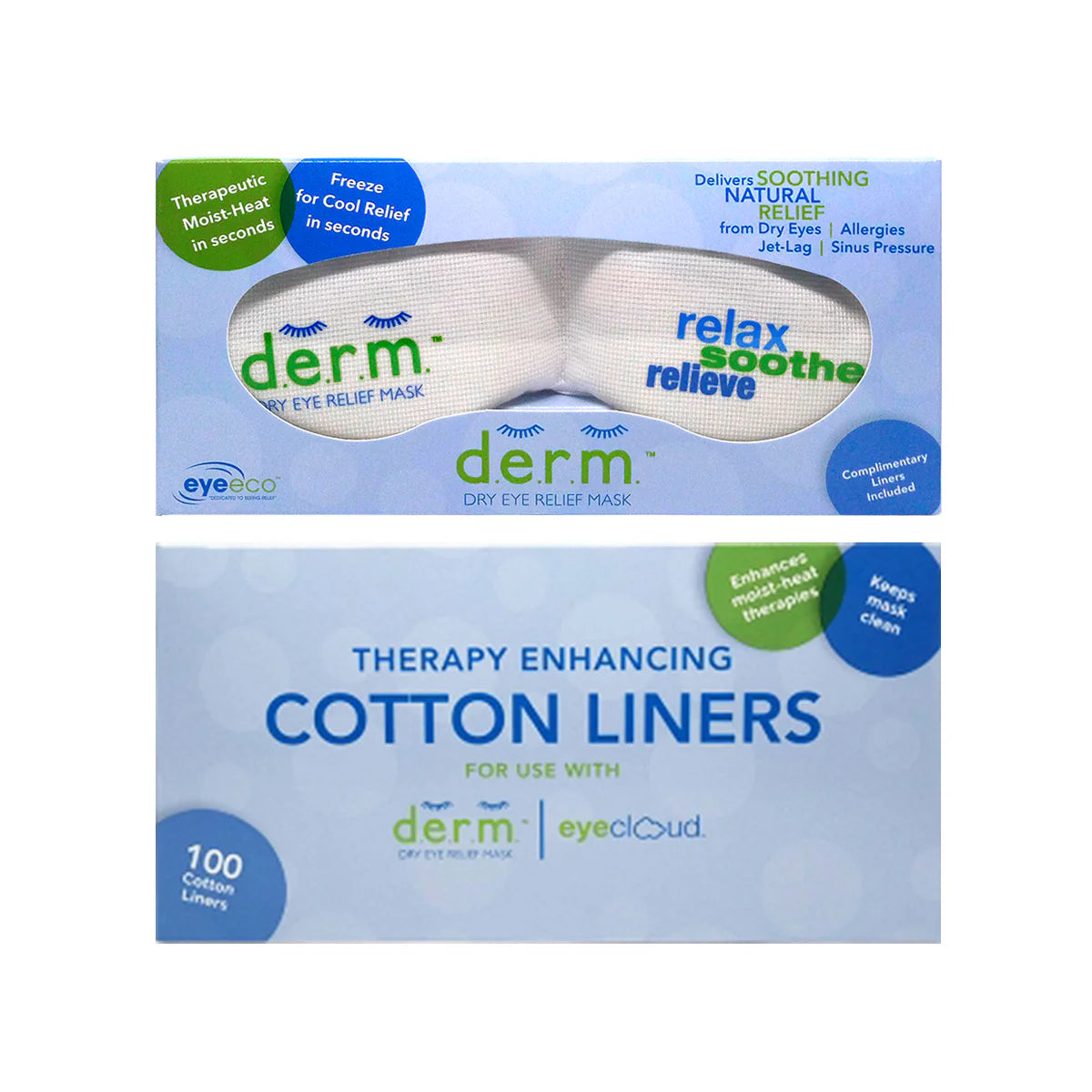 Packaging of derm dry eye relief mask and cotton liners on a white background