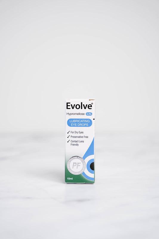 A 10ml bottle of Evolve Hypromellose Lubricating Eye Drops.