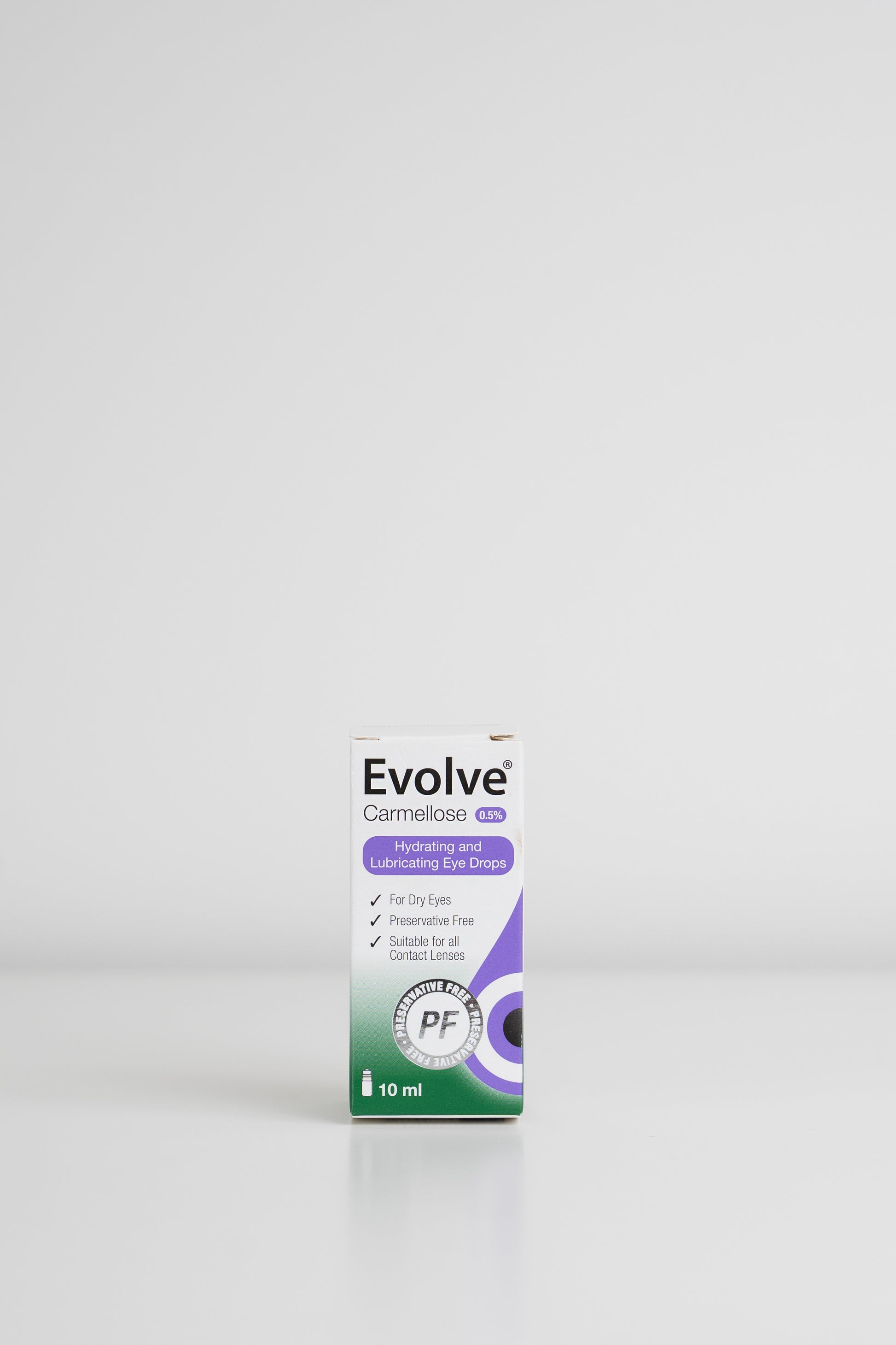 Evolve Carmellose .5% hydrating and lubricating eye drop bottle and packaging on a white background