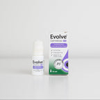 Evolve Carmellose .5% hydrating and lubricating eye drop bottle and packaging on a white background