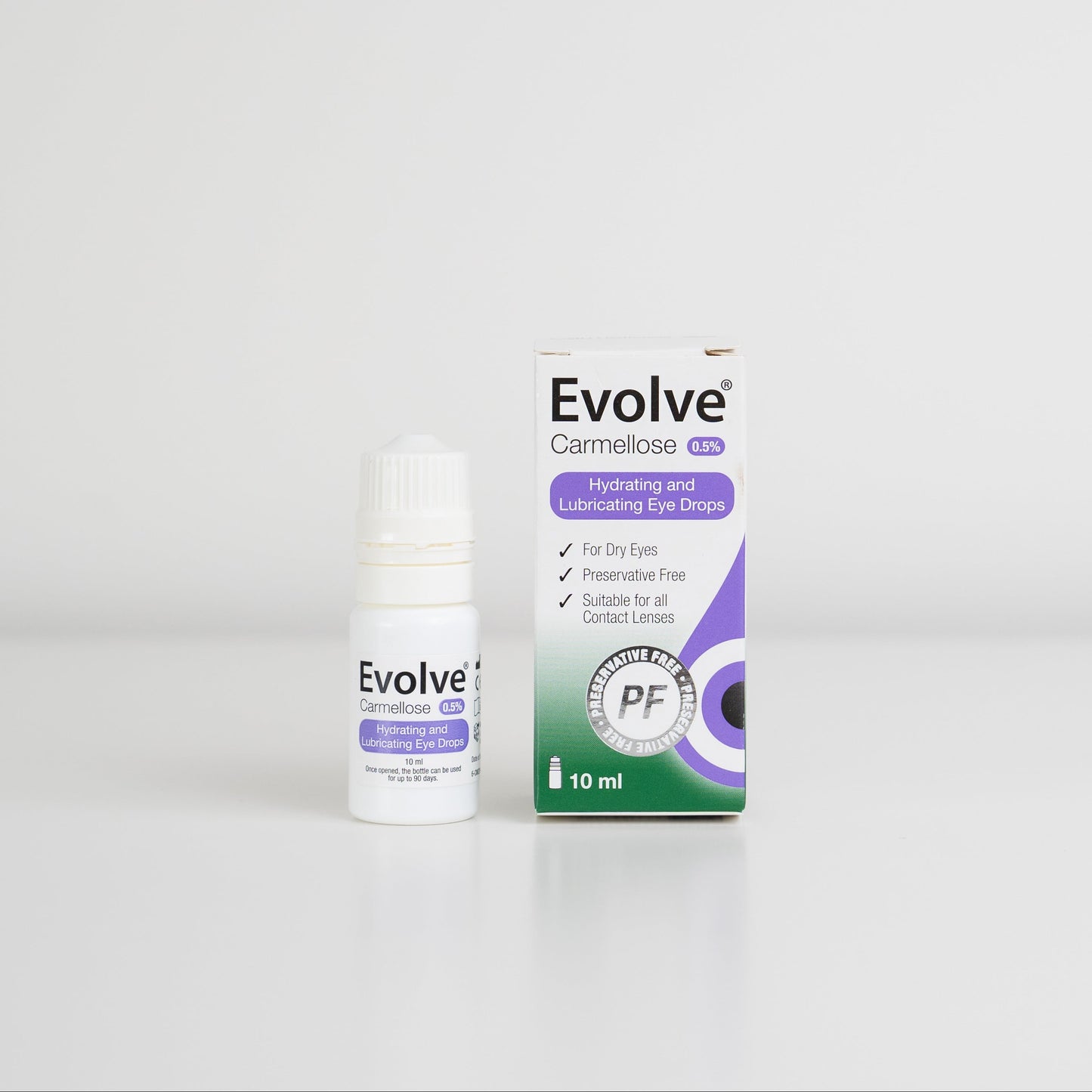 Evolve Carmellose .5% hydrating and lubricating eye drop bottle and packaging on a white background