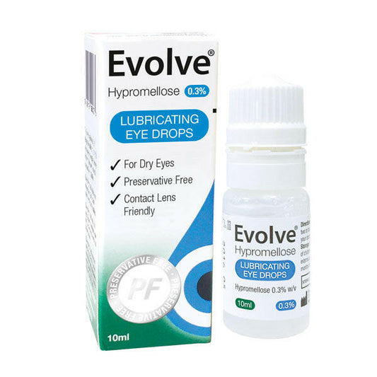 A bottle and box of Evolve Hypromellose 0.3% Lubricating Eye Drops. Made for dry, red or irritated eyes. Preservative free and contact lens friendly.