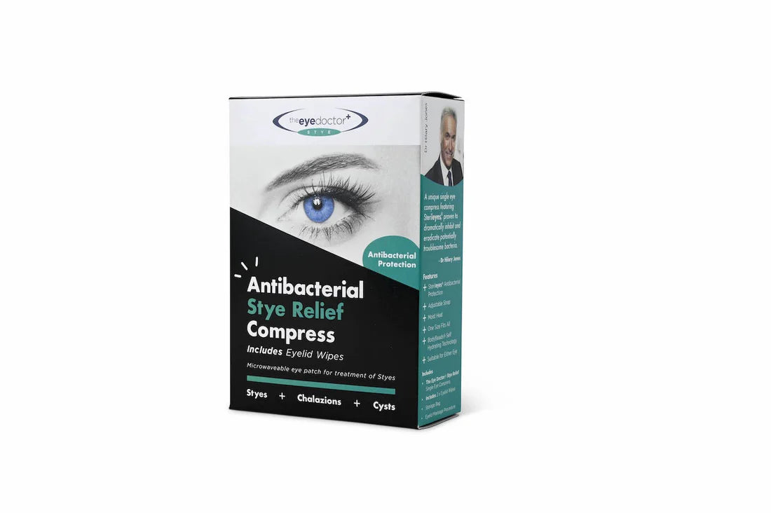 A box and compress for The Eye Doctor Antibacterial Stye Relief Compress.