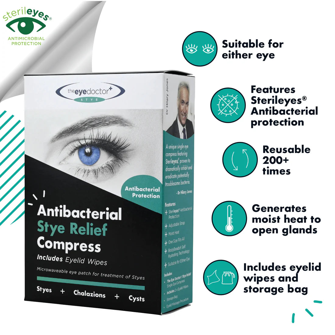 A box and compress for The Eye Doctor Antibacterial Stye Relief Compress. Includes key features and benefits.