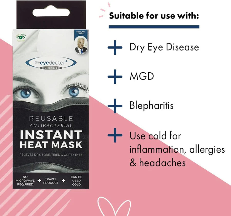 The Eye Doctor Reusable Antibacterial Instant Heat Mask including suitability for dry eyes, mgd, blepharitis, inflammation, allergies and headaches.