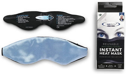 The Eye Doctor Reusable Antibacterial Instant Heat Mask including the box, the mask and a Sterileyes antibacterial lining.