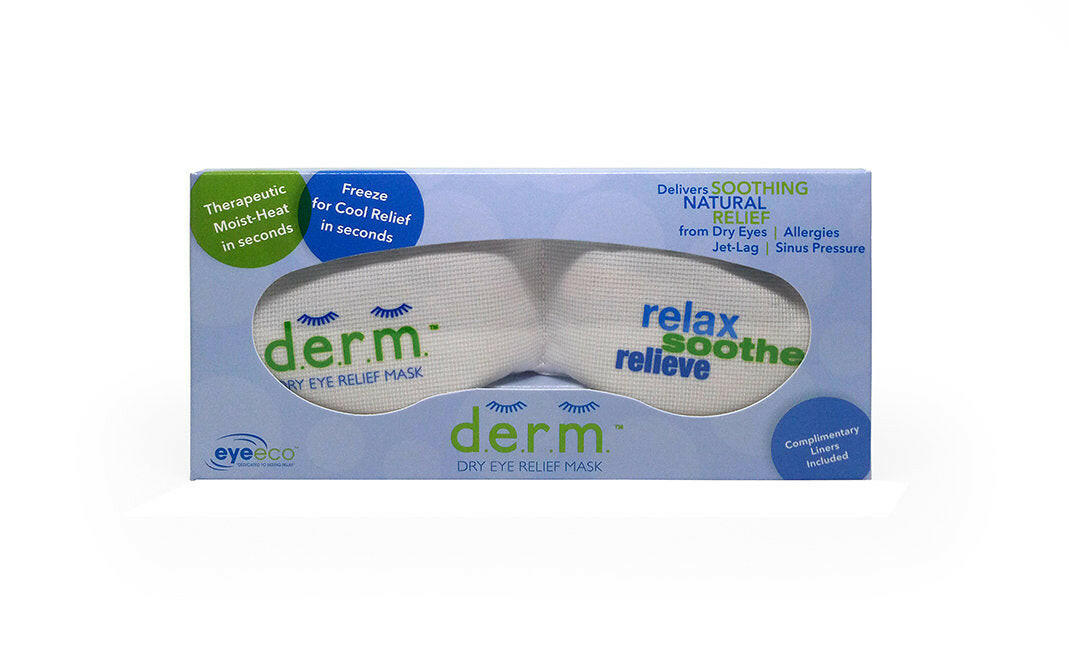 A EyeEco Dry Eye Relief Mask for dry eyes, allergies or blepharitis. Soothes tired eyes and improves tear production.