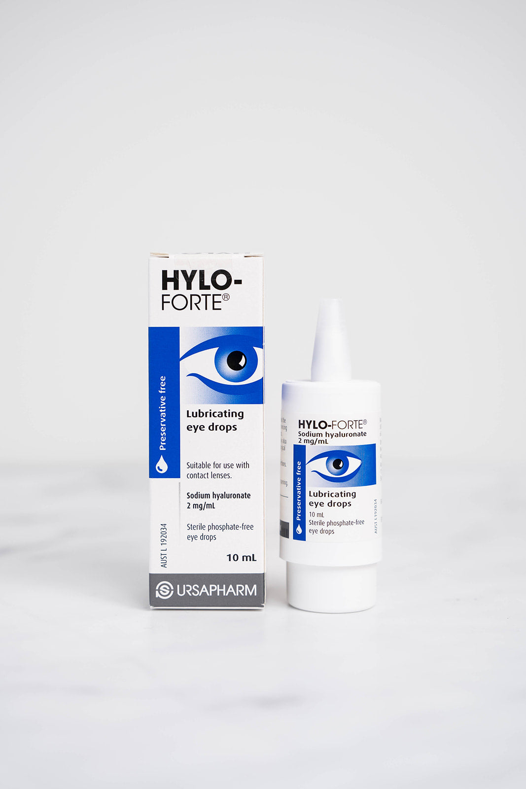 A 10ml bottle and box of Hylo Forte Lubricating Eye Drops.