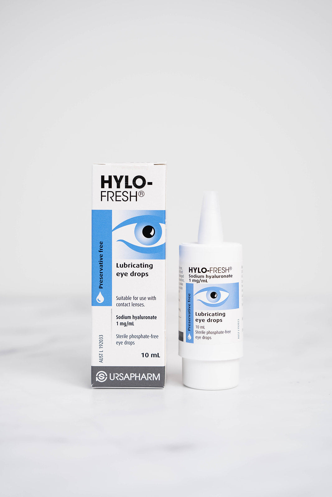 A 10ml bottle and box of Hylo-Fresh Lubricating Eye Drops.