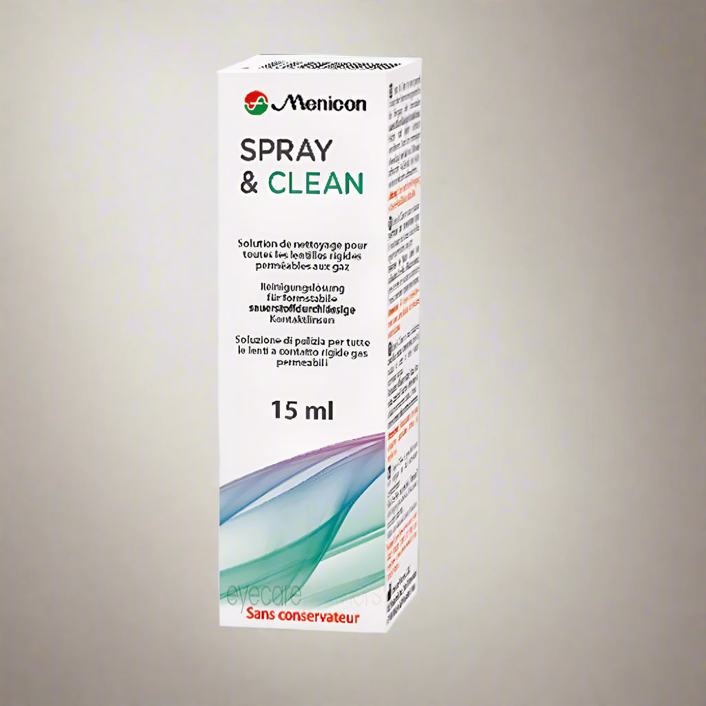 Menicon spray and clean packaging  on a white background