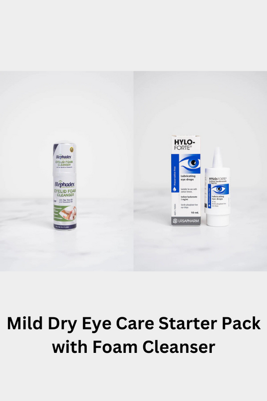 Mild Dry Eye Care Starter Pack with eye wash foam, drops, and gels for gentle relief, hydration, and comfort for mild dry eye symptoms.