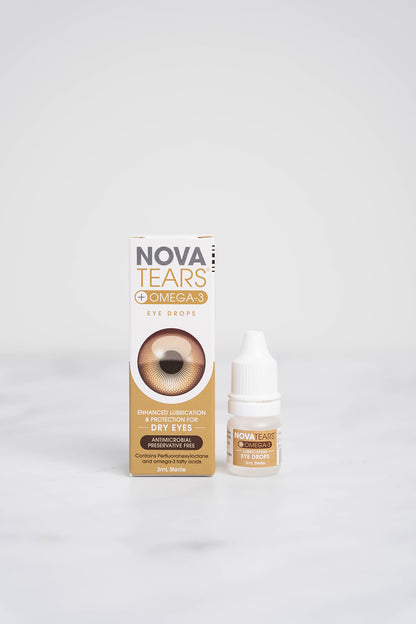 A bottle and box of NovaTears + Omega 3 for Dry Eys.