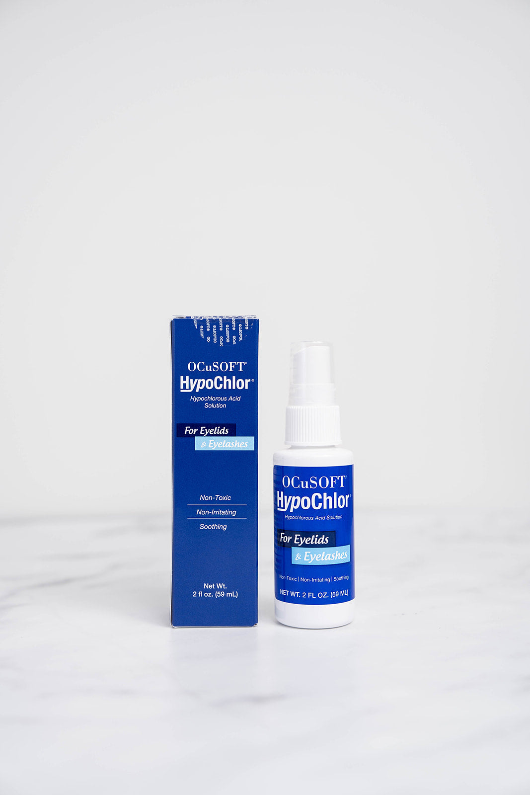 A 59ml bottle and box of Ocusoft Hypochlor Spray Solution.