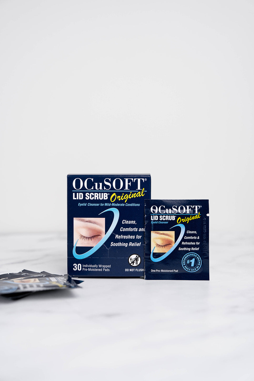 A 30 pack of Ocusoft Lid Scrub Original Eyelid Wipes including box and wipes.