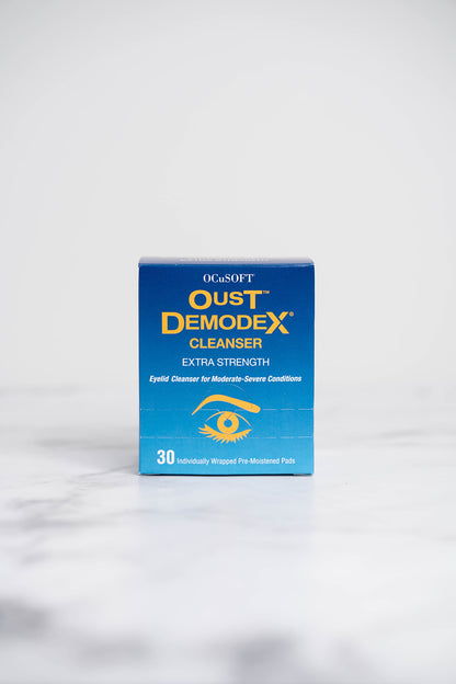 A box of Ocusoft Oust Demodex Eyelid Wipes.