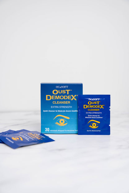 A 30 pack of Ocusoft Oust Demodex Eyelid Wipes including box and wipes.