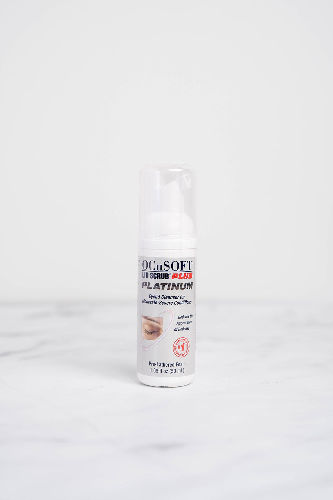 A 50ml bottle of Ocusoft Platinum Lid Scrub Foam Cleanser.