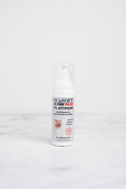 A 50ml bottle of Ocusoft Platinum Lid Scrub Foam Cleanser.