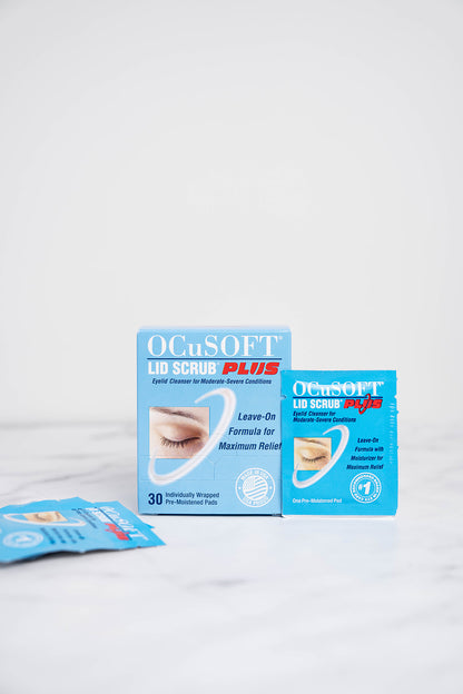 A 30 pack of Ocusoft Lid Scrub Plus Eyelid Wipes including box and wipes.