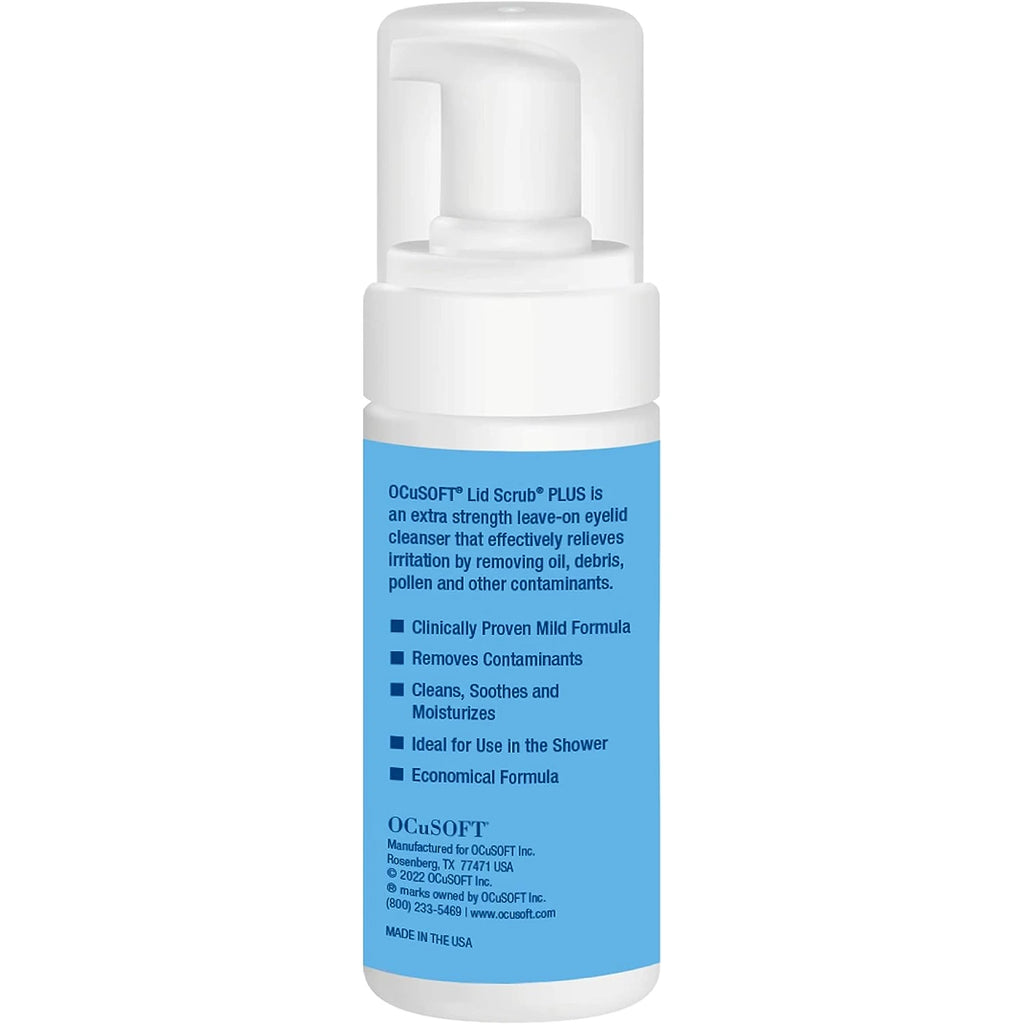 The back of a a 50ml bottle of Ocusoft Lid Scrub Plus Eyelid Cleanser 