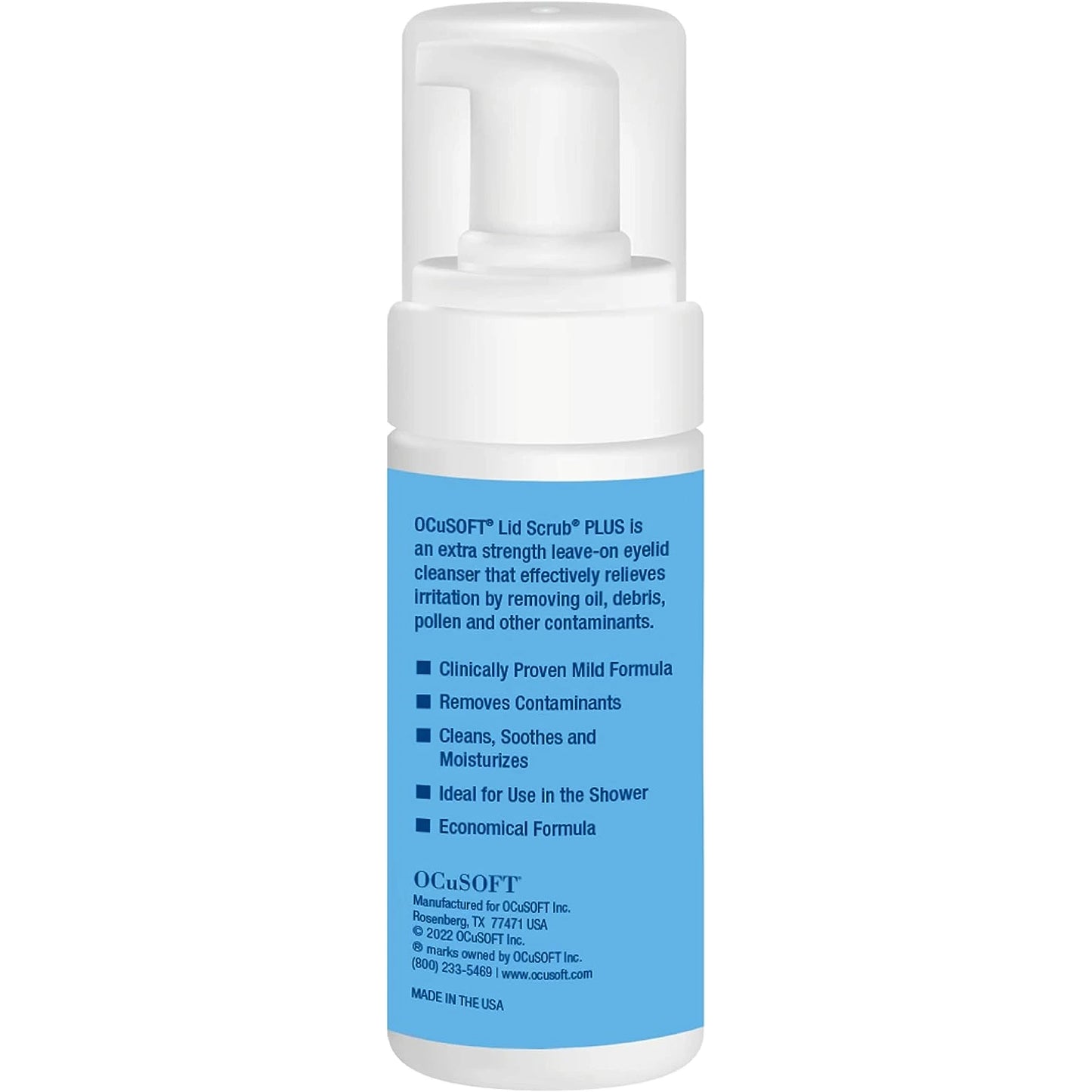 The back of a a 50ml bottle of Ocusoft Lid Scrub Plus Eyelid Cleanser designed for moderate to severe conditions of blepharitis that causes dry eyes.