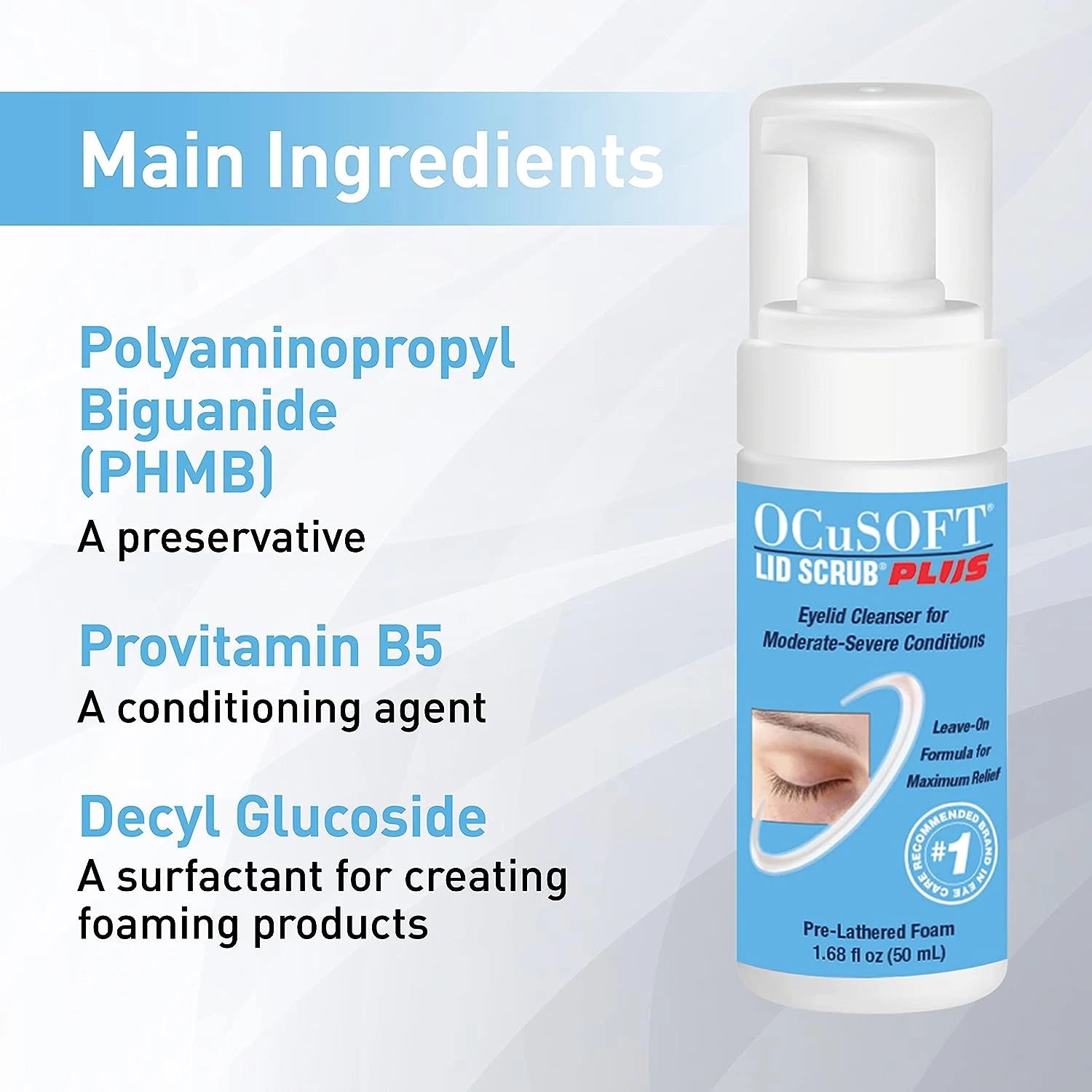 The ingredients in a Ocusoft Lid Scrub plus 50 ml bottle