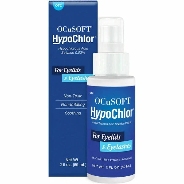 A 59ml bottle of Ocusoft HypoChlor Hypochlorous Acid Solution for Eyelids & Eyelash. Removes bacteria in the eyelids and eyelashes to remove inflammation and blepharitis. Improves dry eye symptoms.