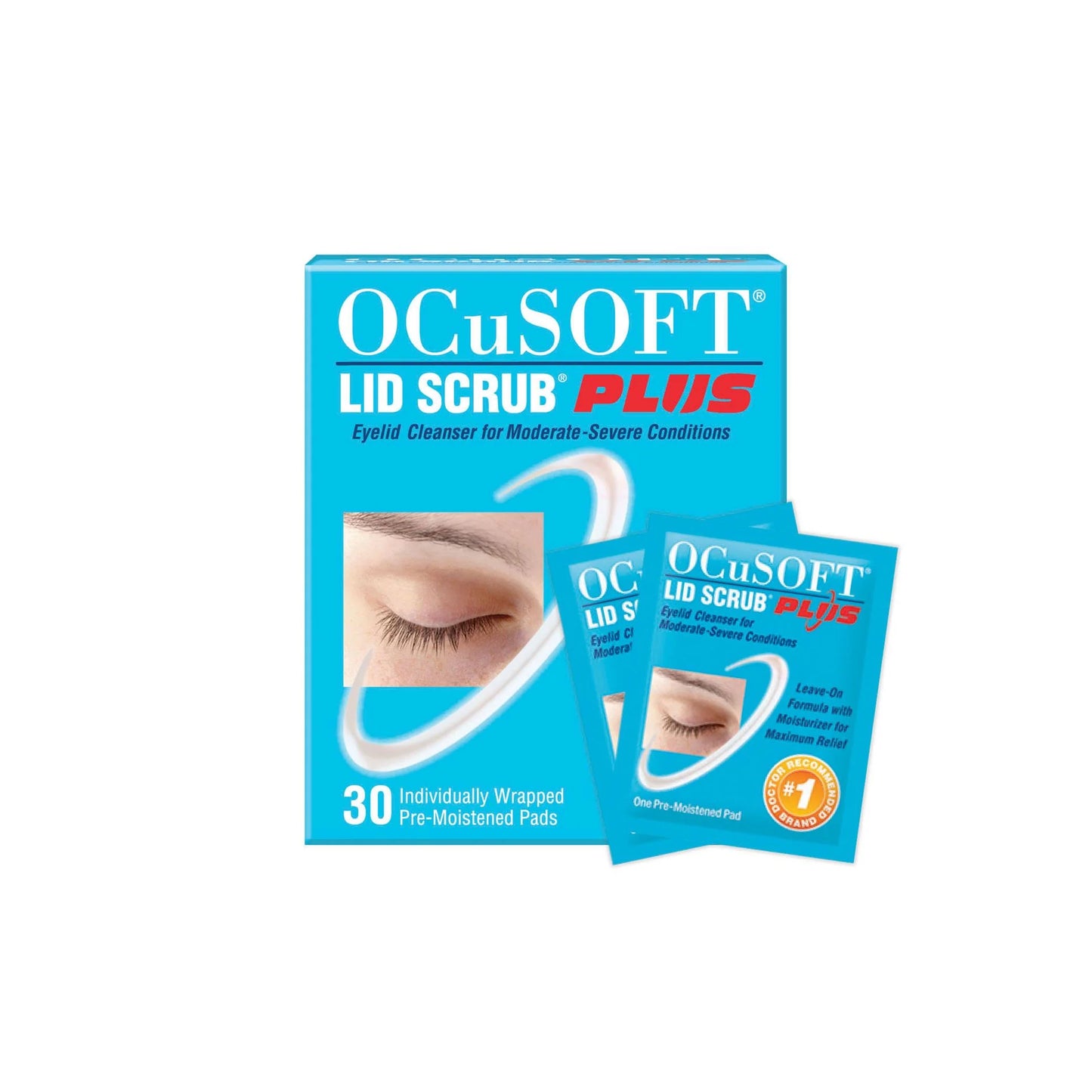 A box of 30 Ocusoft Lid Scrub PLUS Eyelid Wipes .