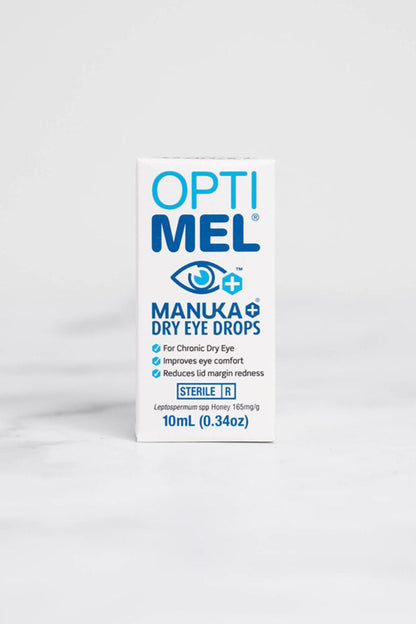 A 10ml bottle of Optimel Manuka Honey Dry Eye Drops.