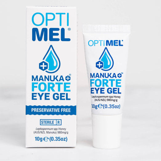 A box and bottle of Optimel Manuka Forte Eye Gel. Preservative free dry eye relief.