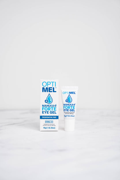 A 10g bottle and box of Optimel Manuka  Forte Eye Gel for dry eyes.