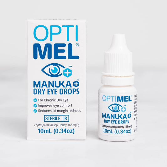A bottle of Manuka Honey Eye drops to improve eye comfort and reduce lid margin redness.