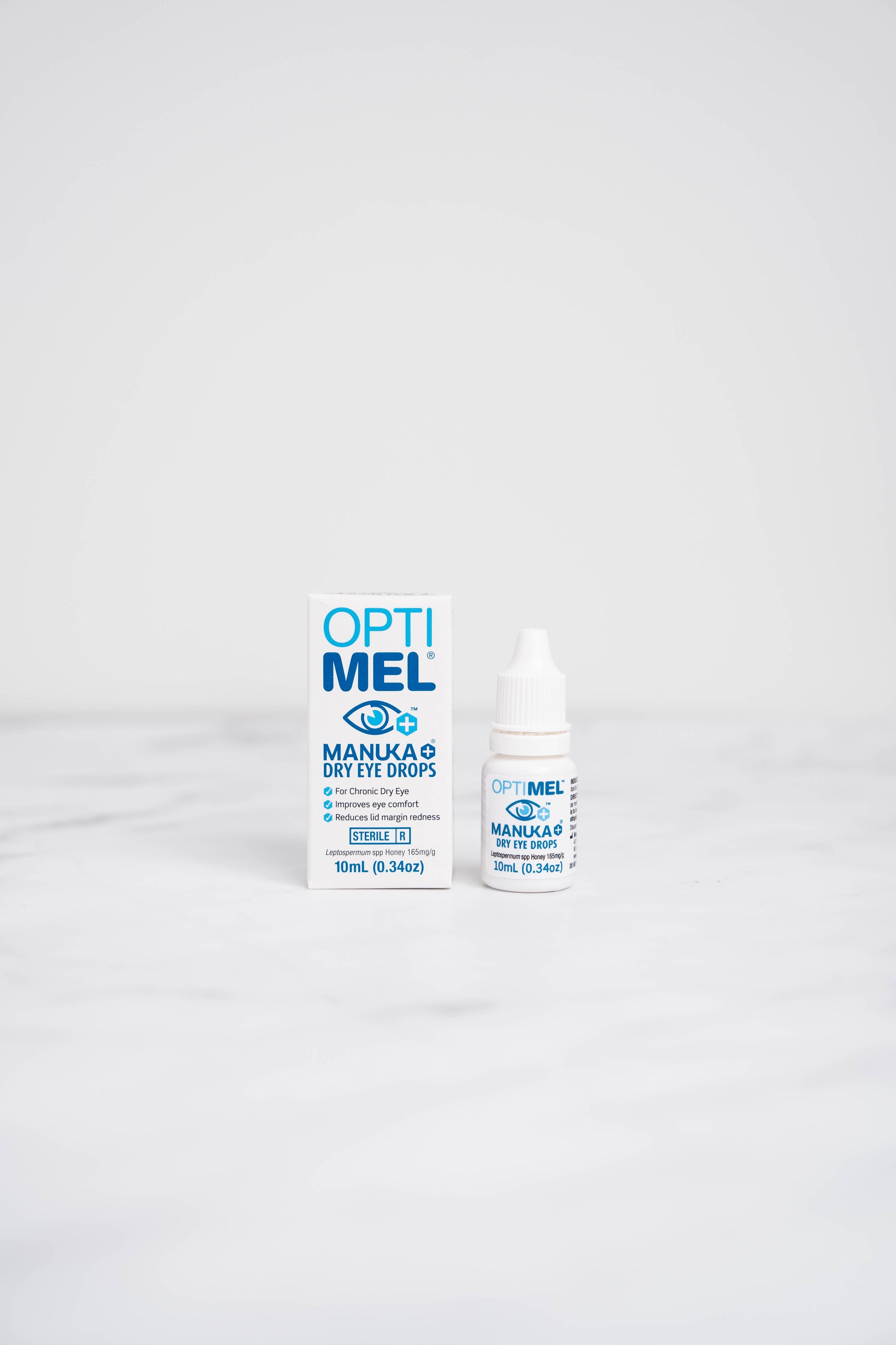 A bottle Optimel Manuka+ Honey Eye Drops.