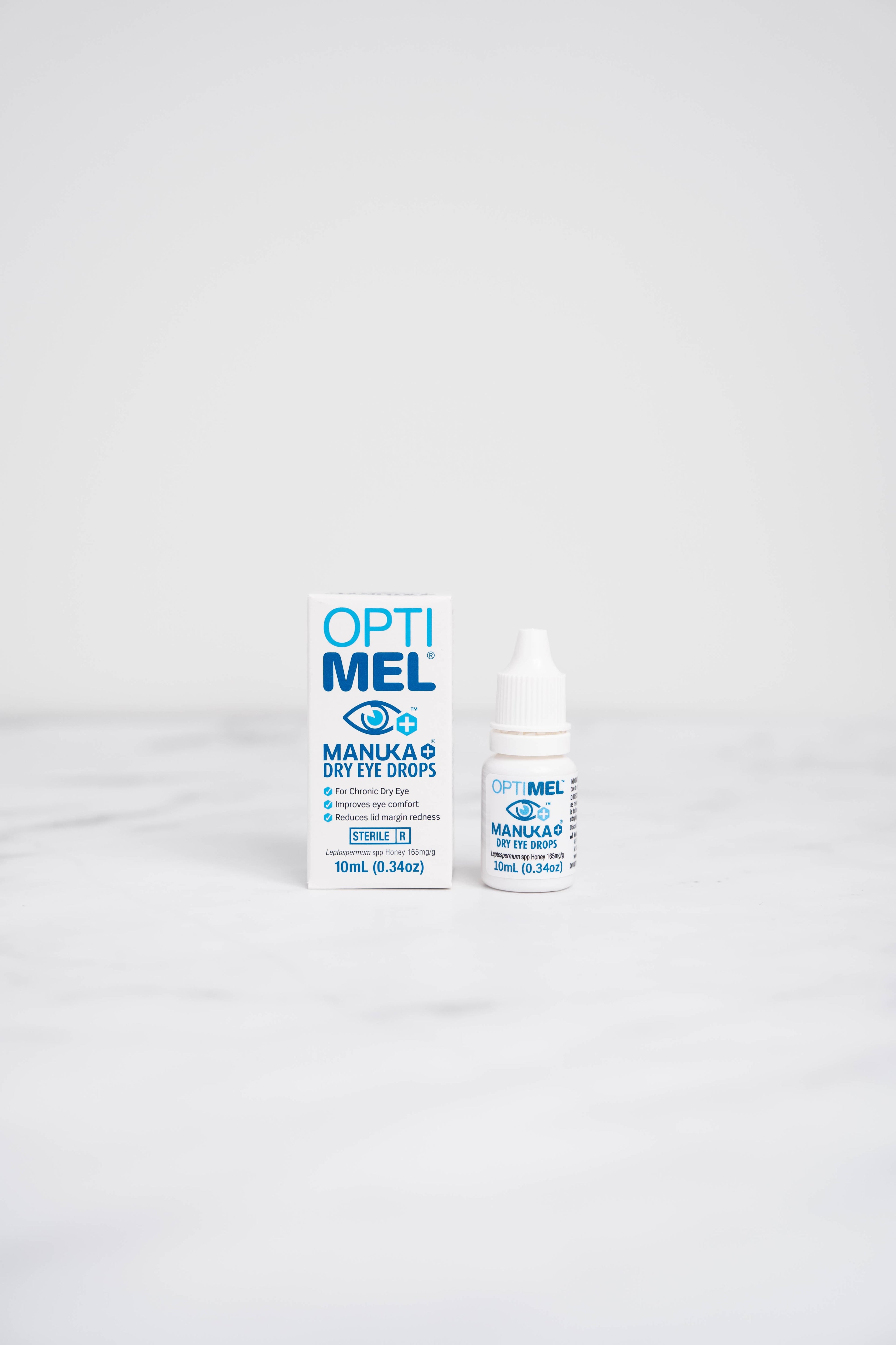 A bottle Optimel Manuka+ Honey Eye Drops.