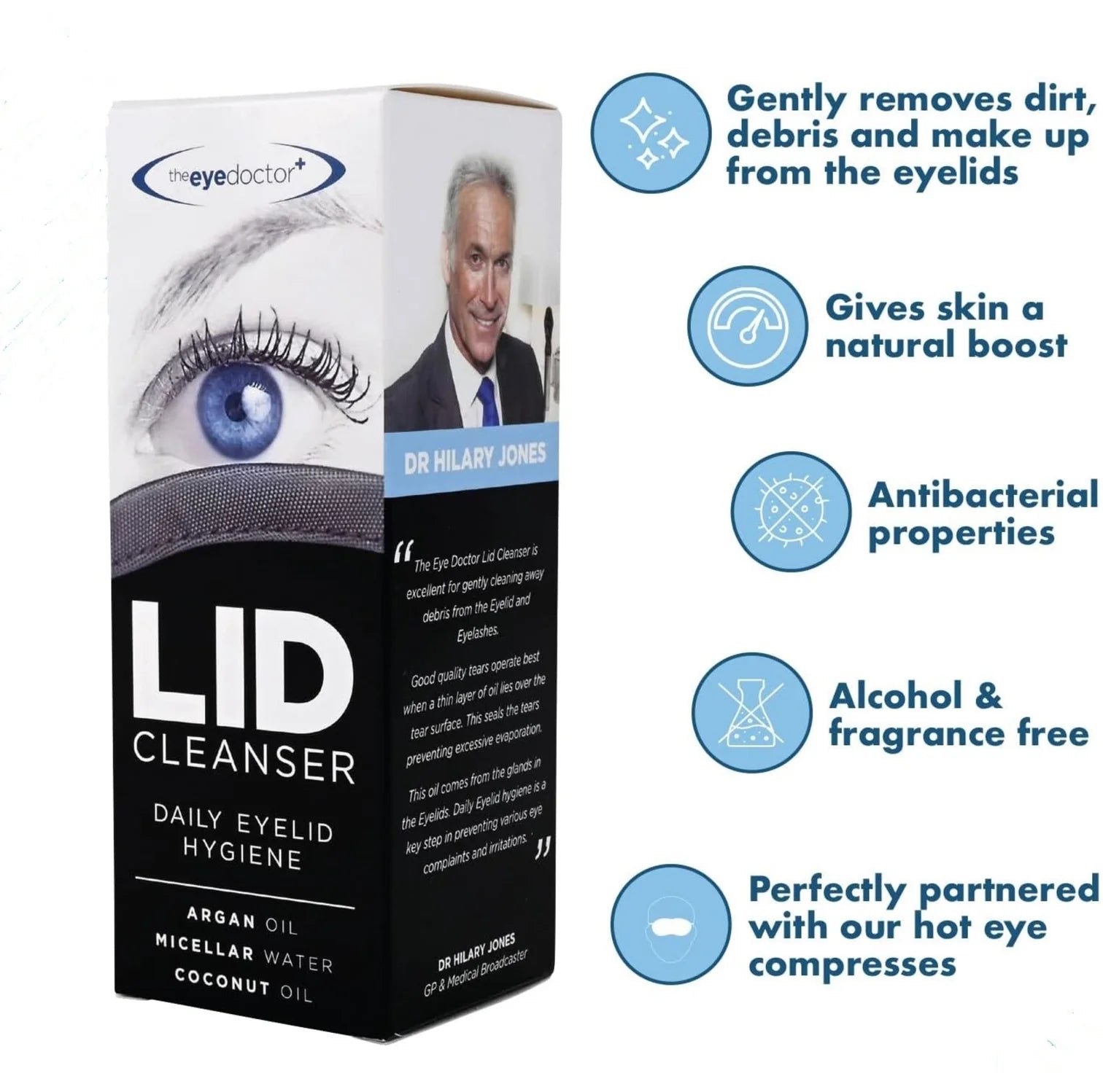 A box of the Eye Doctor Lid Cleanser 100ml and a list of key benefits that the product has.