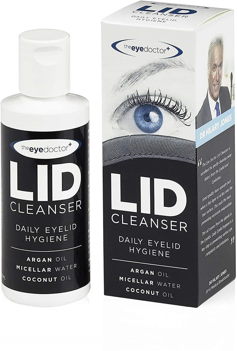 A bottle and box of the Eye Doctor Lid Cleanser 100ml to treat dry eyes, MGD & Blepharitis.