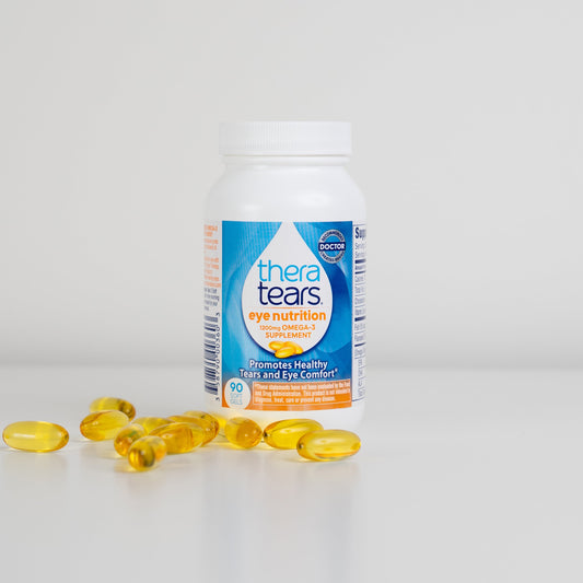 Thera Tears Eye Nutrition Omega-3 Dry Eye Supplement Bottle and pills on a white background.
