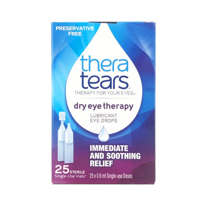 A box of 25 vials of Theratears Dry Eye . Designed to provide immediate and soothing relief for dry eyes.