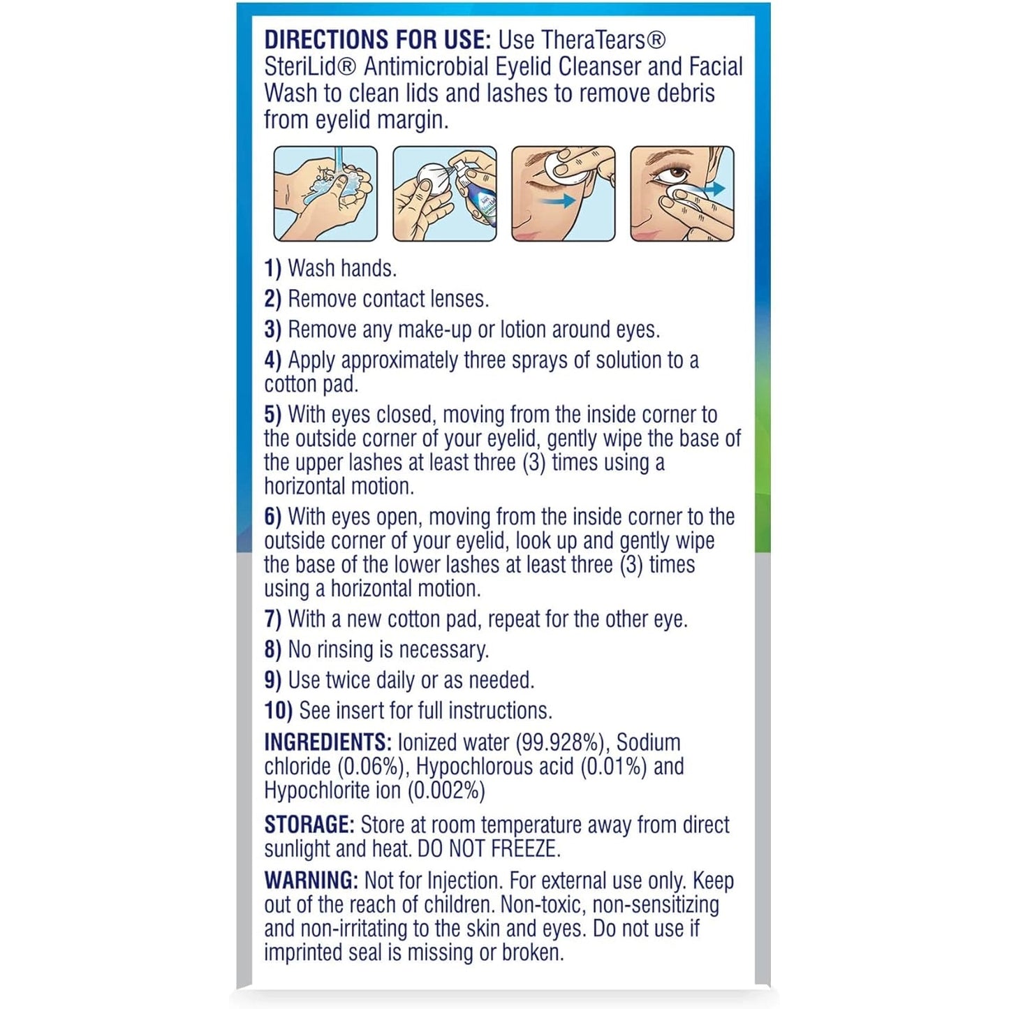 Back of TheraTears Sterilid Anitimicrobial Eyelid Cleanser and Facial Cleanser. Includes instructions for use, ingredients, storage and warnings.