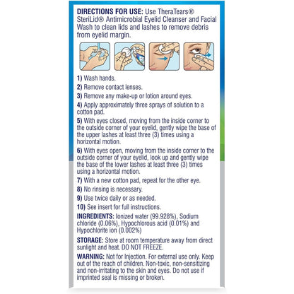 Back of TheraTears Sterilid Anitimicrobial Eyelid Cleanser and Facial Cleanser. Includes instructions for use, ingredients, storage and warnings.