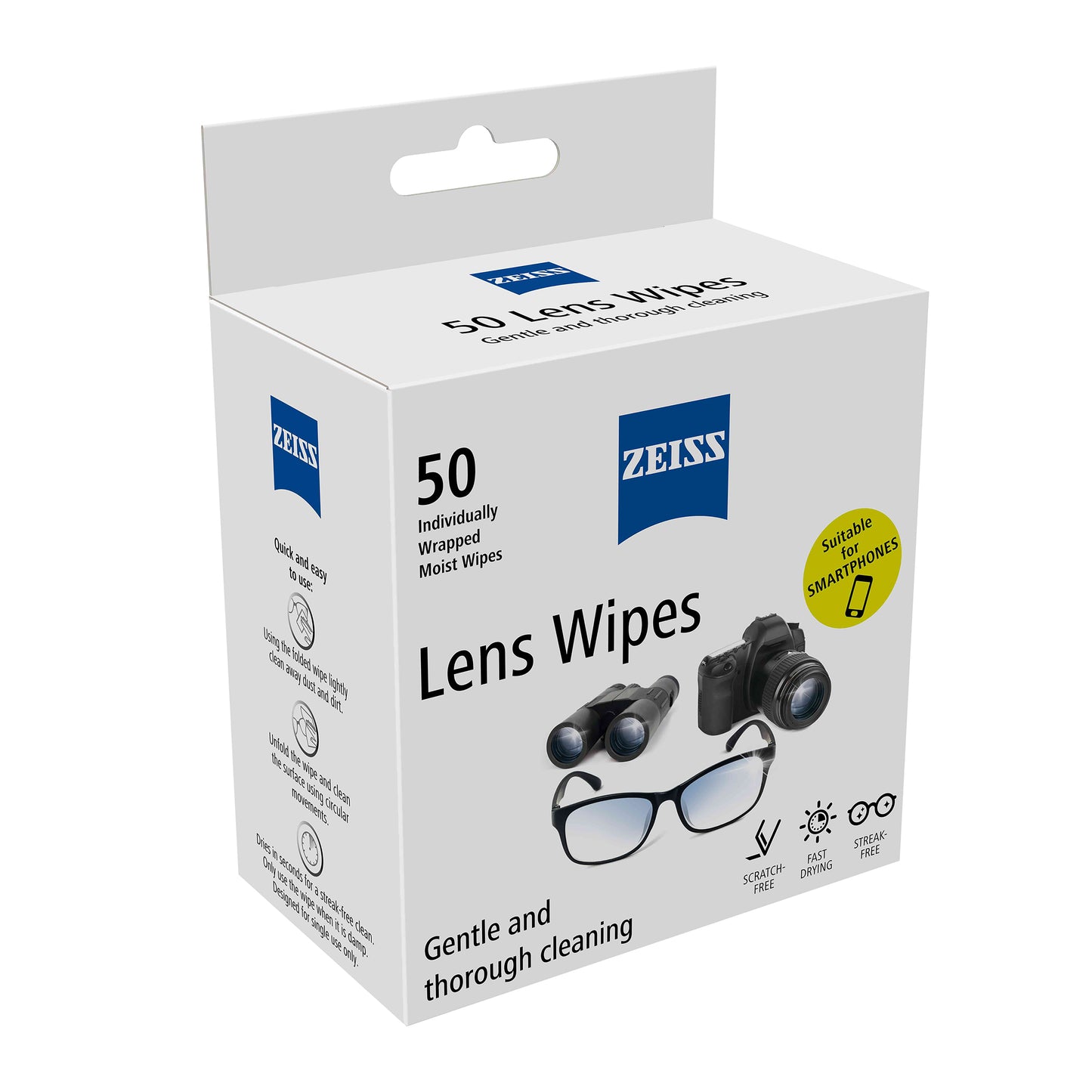 Box of Zeiss lens wipes with illustrations of eyeglasses and camera lenses on a white background. Gentle and thorough glasses cleaner.