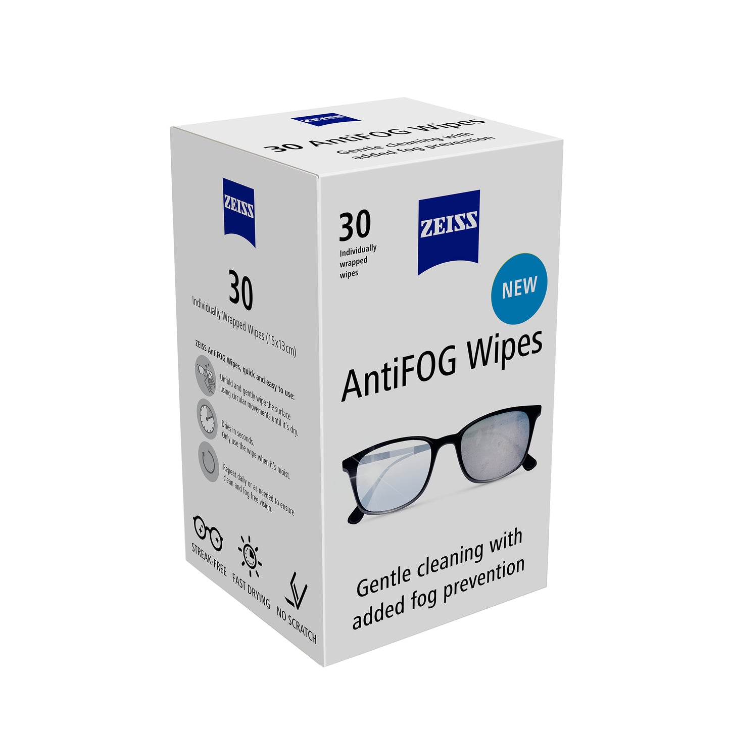 Box of Zeiss AntiFOG Wipes on a white background