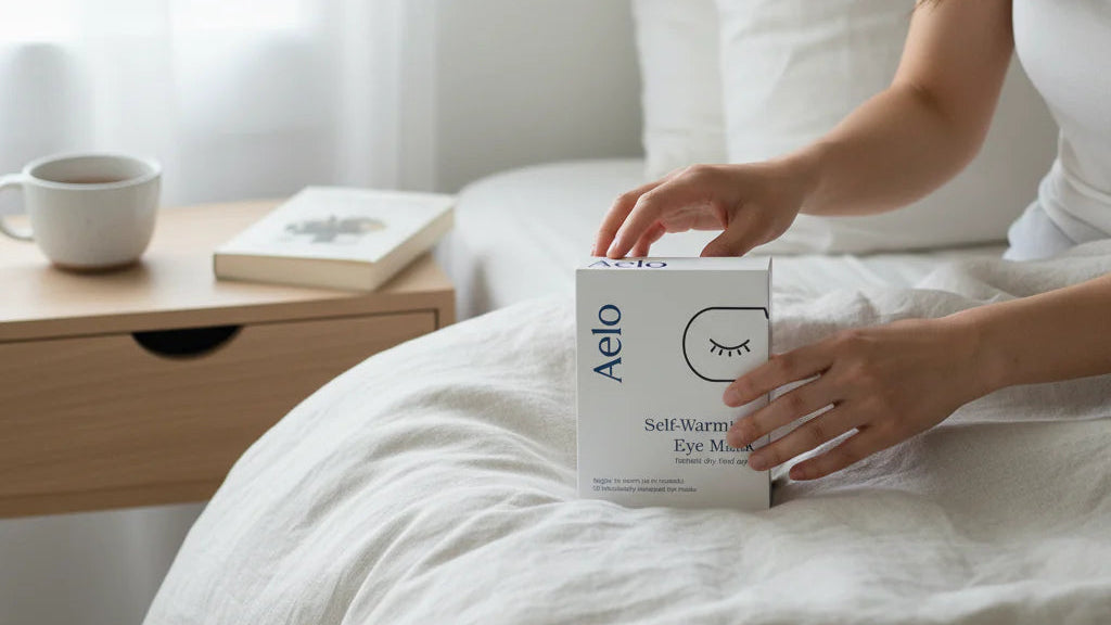 Person holding a box of Aelo self-warming eye masks on a bed.