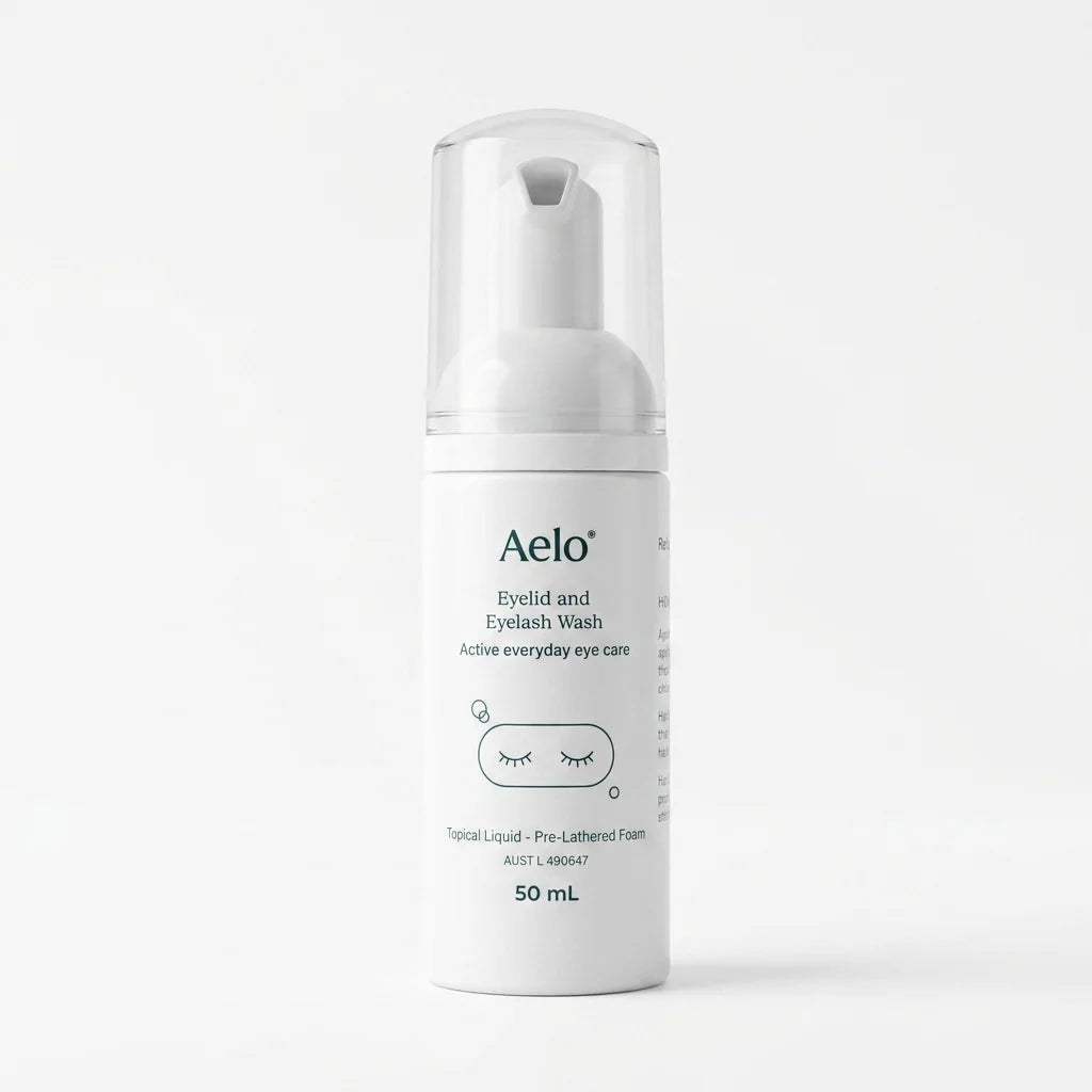 Aelo eyelid and eyelash wash bottle on a white background