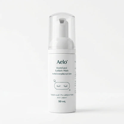 Aelo eyelid and eyelash wash bottle on a white background