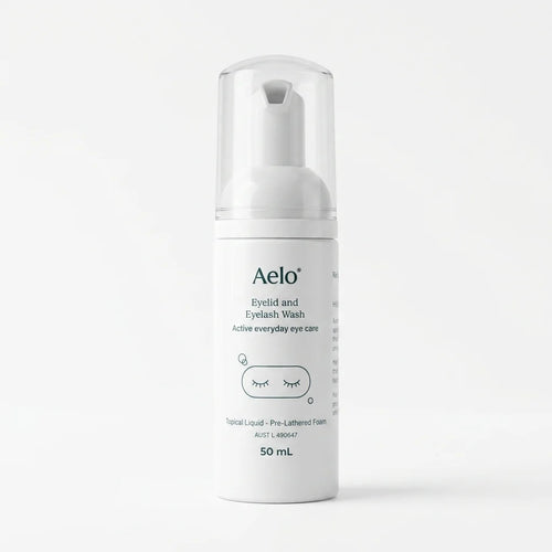 Aelo eyelid and eyelash wash bottle on a white background