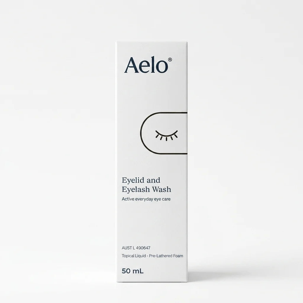 Aelo eyelid and eyelash wash packaging on a white background